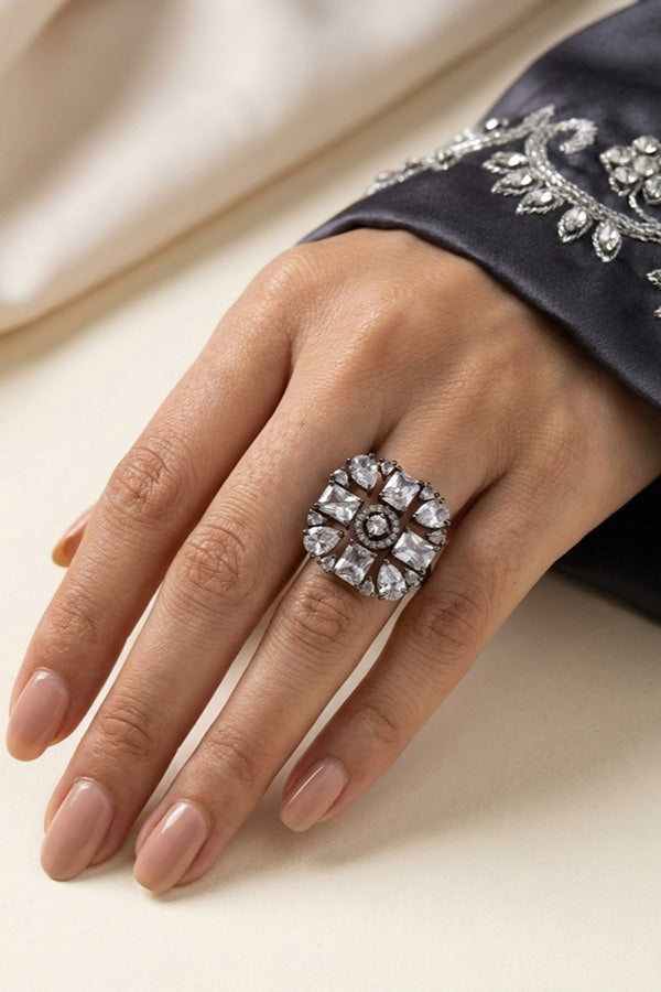 Black Polish American Diamond Adjustable Ring With Silver Colour Stones (ADR004-S)