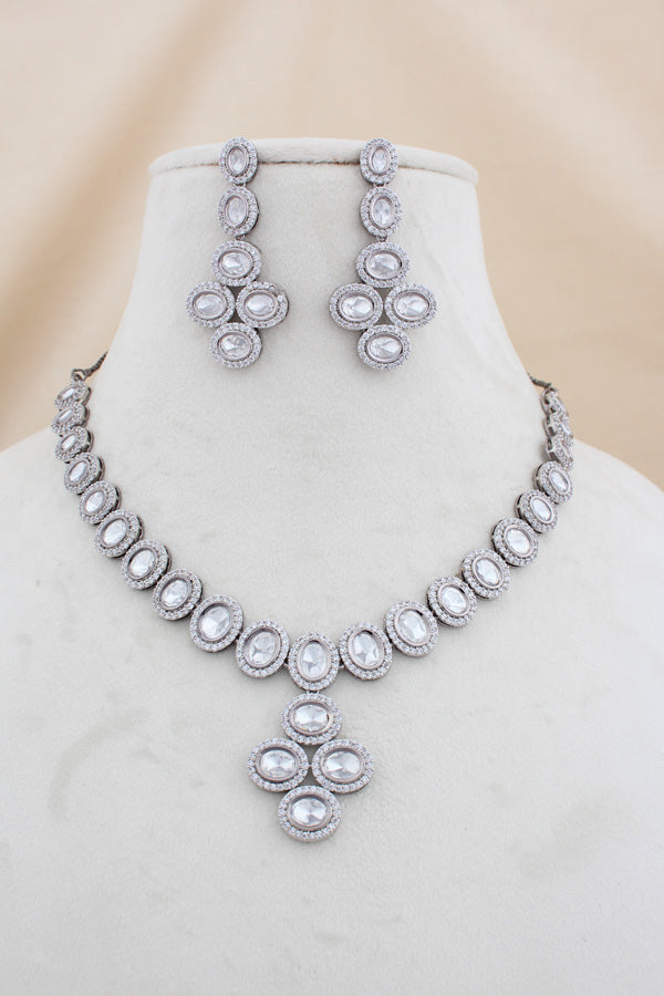 Black Polish Kundan Necklace Set With American Diamonds And Matching Earrings(NK013B-Kundan)