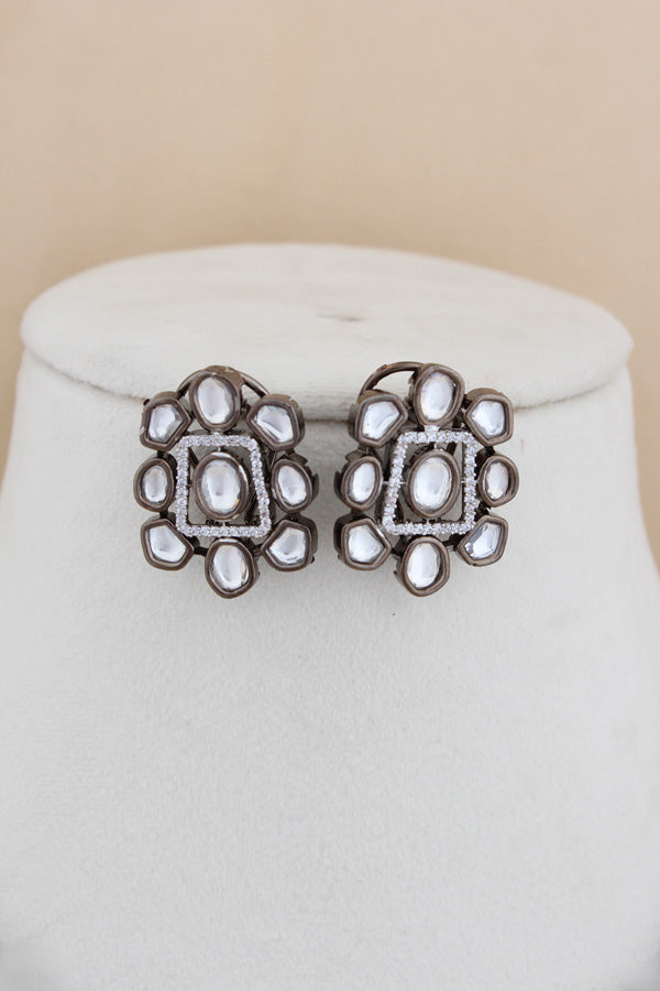 Black Polish Kundan Necklace Set With Studs (NK030BL-Kundan)