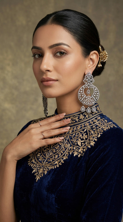 Black Polish Statement Earrings With American Diaminds And Small Pendants Attached (ADE004)
