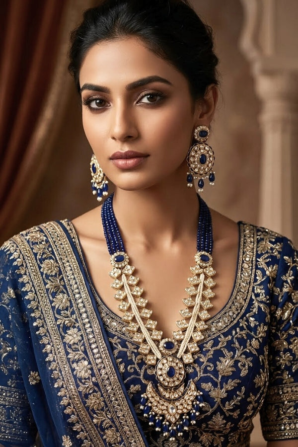 Blue Color Beads Attached With Kundan Long Necklace Set In Details With Pendant Also Large Earrings (LKN004B-Kundan)