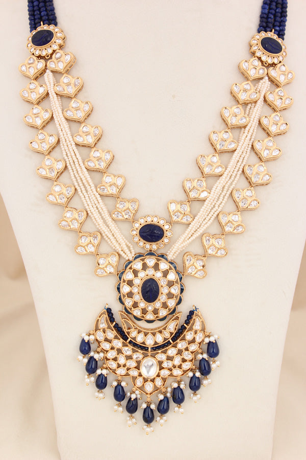 Blue Color Beads Attached With Kundan Long Necklace Set In Details With Pendant Also Large Earrings (LKN004B-Kundan)