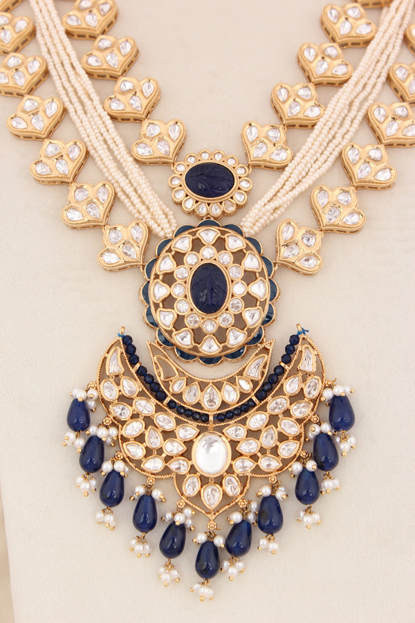 Blue Color Beads Attached With Kundan Long Necklace Set In Details With Pendant Also Large Earrings (LKN004B-Kundan)