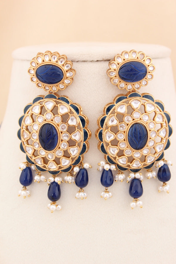 Blue Color Beads Attached With Kundan Long Necklace Set In Details With Pendant Also Large Earrings (LKN004B-Kundan)