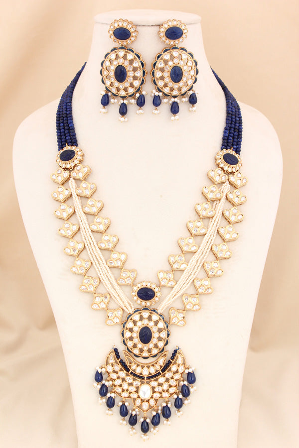 Blue Color Beads Attached With Kundan Long Necklace Set In Details With Pendant Also Large Earrings (LKN004B-Kundan)