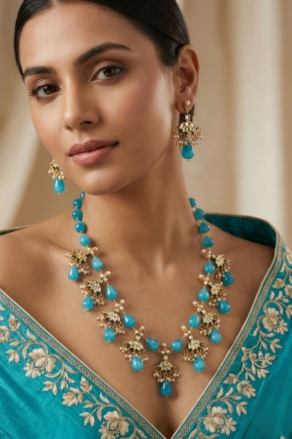 Blue Colour Cat Eye Pearls With A Shiny Finish And Kundan Look Pendants Attached (MA007-B)