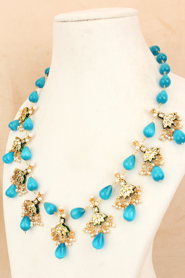 Blue Colour Cat Eye Pearls With A Shiny Finish And Kundan Look Pendants Attached (MA007-B)