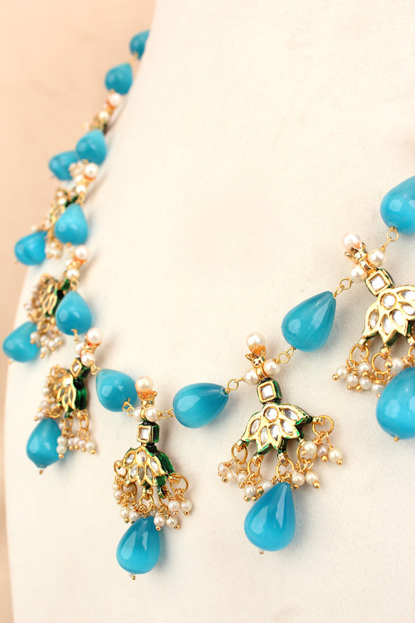 Blue Colour Cat Eye Pearls With A Shiny Finish And Kundan Look Pendants Attached (MA007-B)