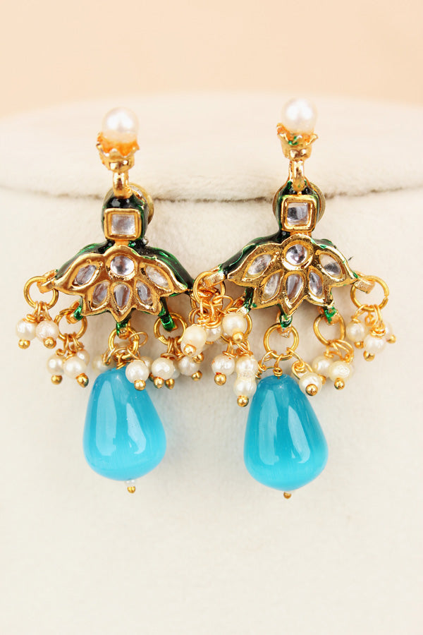 Blue Colour Cat Eye Pearls With A Shiny Finish And Kundan Look Pendants Attached (MA007-B)
