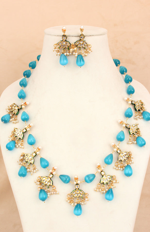 Blue Colour Cat Eye Pearls With A Shiny Finish And Kundan Look Pendants Attached (MA007-B)