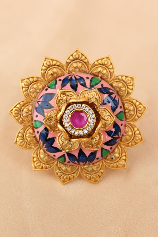Sunflower Adjustable Ring With Meenakari Design And Center Design With Blue Paint (RF007-B)