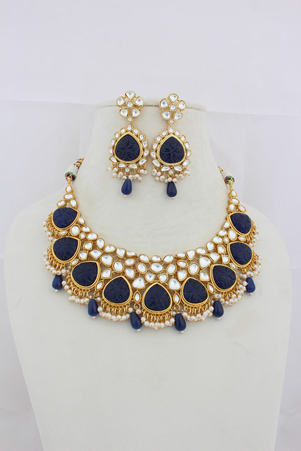 Blue Kundan Necklace Set With Matching Earrings(IGNK008)