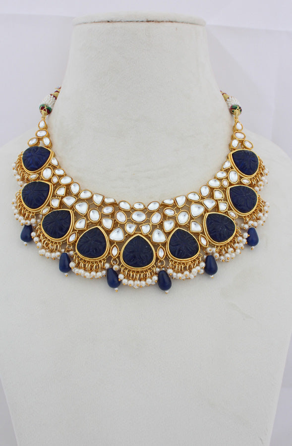 Blue Kundan Necklace Set With Matching Earrings(IGNK008)