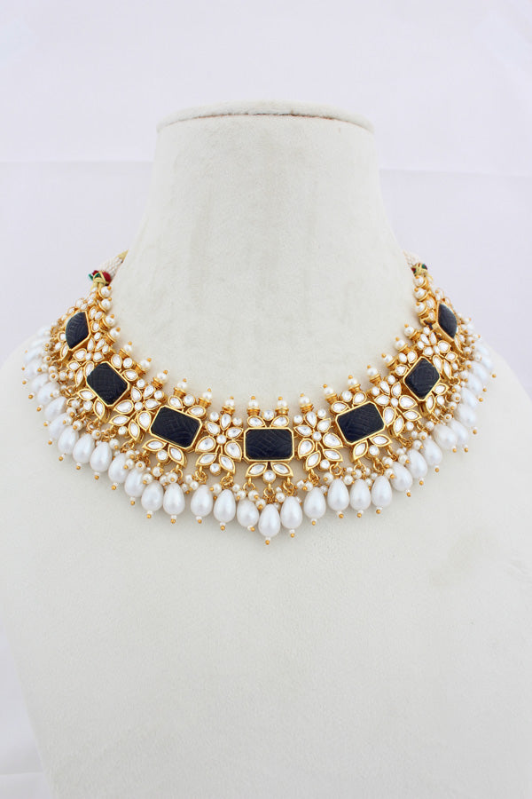 Blue Kundan Necklace Set With White Pearls Attached Also With Matching Earrings And Tikka (IGNK011)