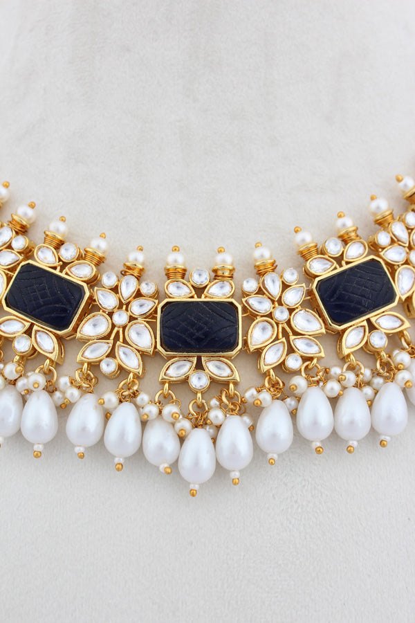 Blue Kundan Necklace Set With White Pearls Attached Also With Matching Earrings And Tikka (IGNK011)