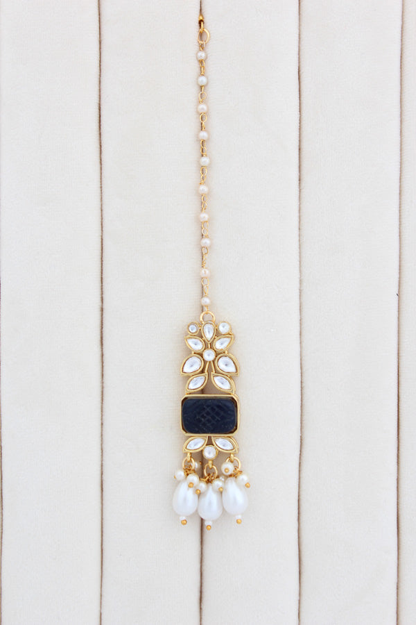 Blue Kundan Necklace Set With White Pearls Attached Also With Matching Earrings And Tikka (IGNK011)