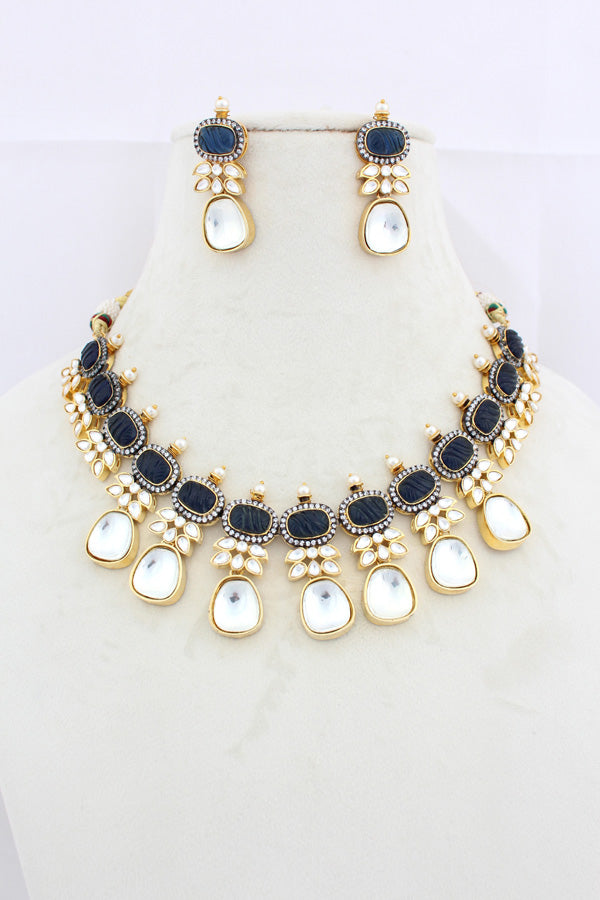 Blue Necklace In Kundan With Earrings And Tikka (IGNK007)