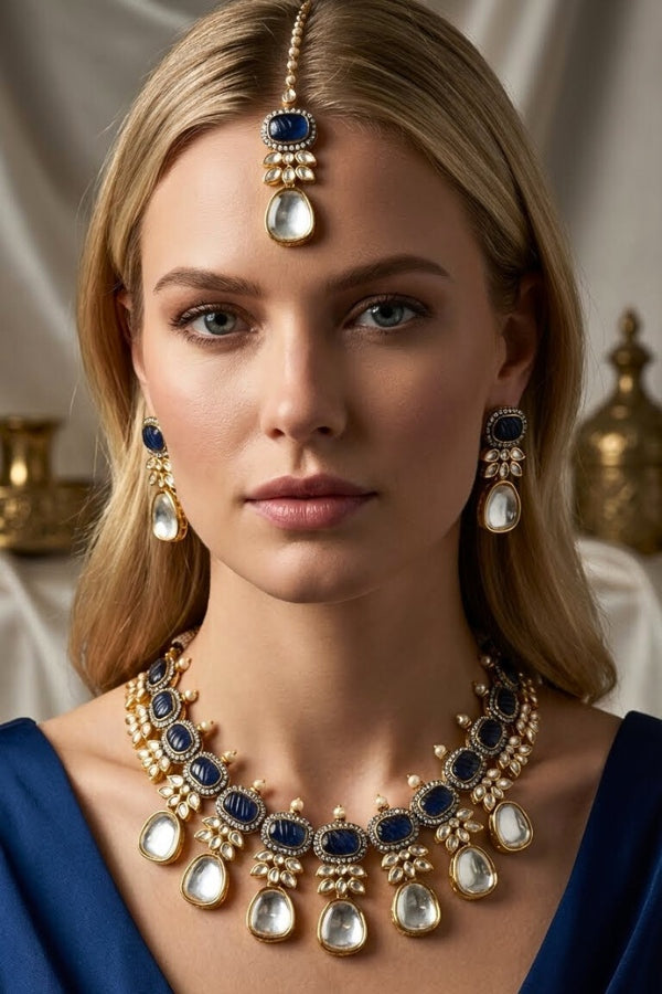Blue Necklace In Kundan With Earrings And Tikka (IGNK007)