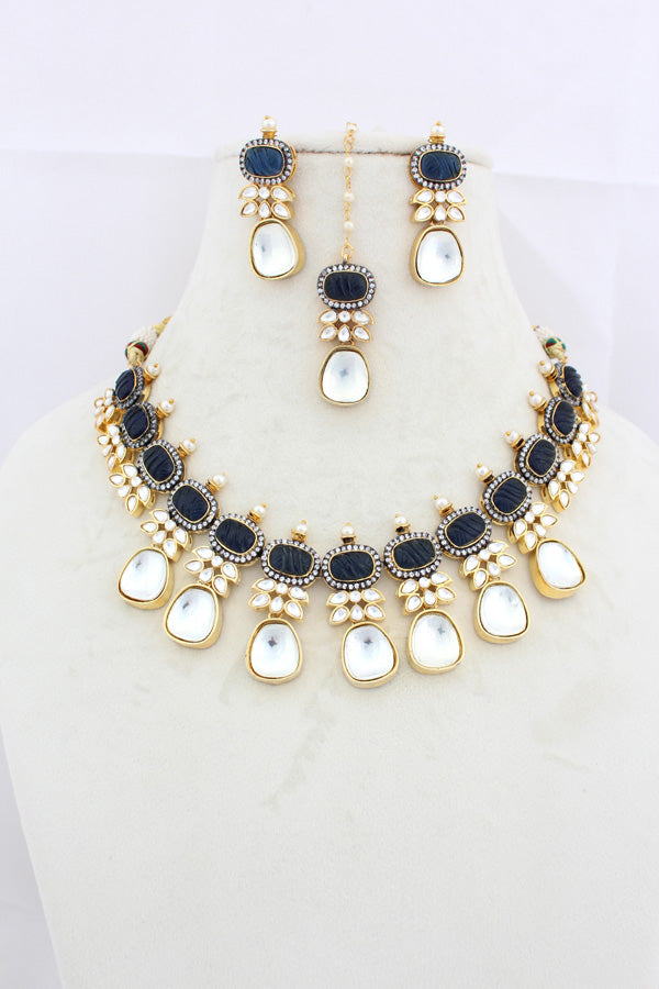 Blue Necklace In Kundan With Earrings And Tikka (IGNK007)