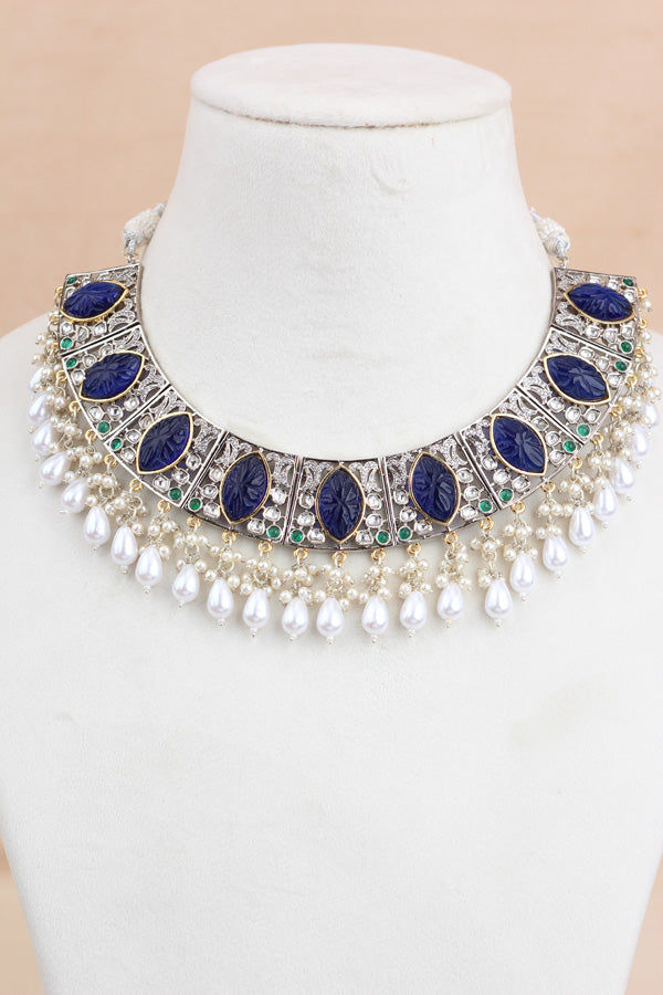 Blue Silver Polish Kundan Necklace Set With Earrings And Tikka(IGNK010)