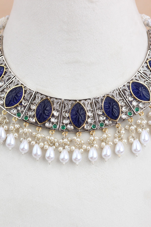 Blue Silver Polish Kundan Necklace Set With Earrings And Tikka(IGNK010)