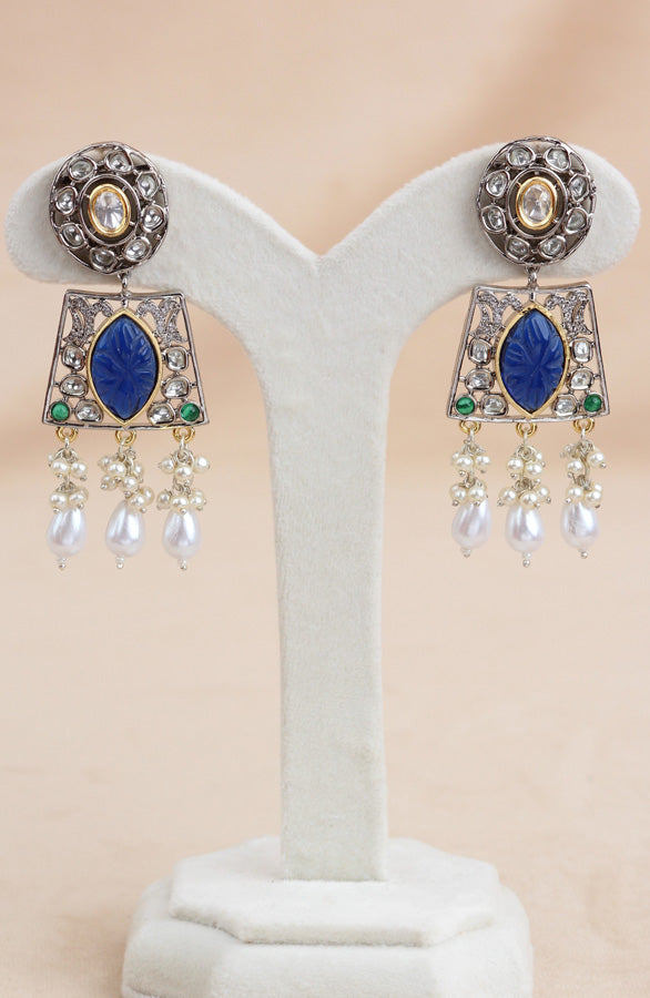Blue Silver Polish Kundan Necklace Set With Earrings And Tikka(IGNK010)