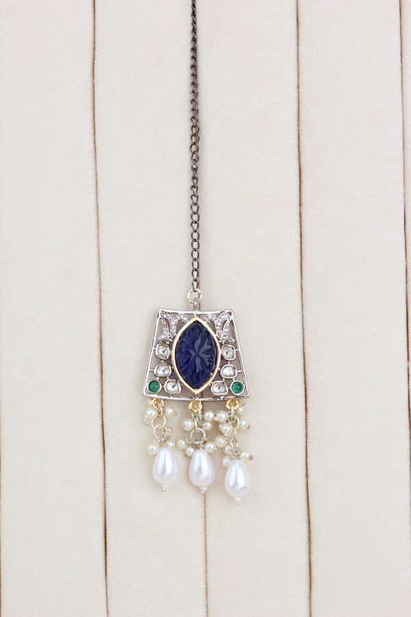 Blue Silver Polish Kundan Necklace Set With Earrings And Tikka(IGNK010)
