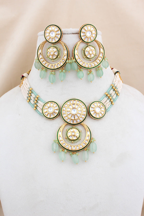 Choker Necklace Kundan With Light Green Beads Large Earrings And Tikka (CKS004LG-Kundan)