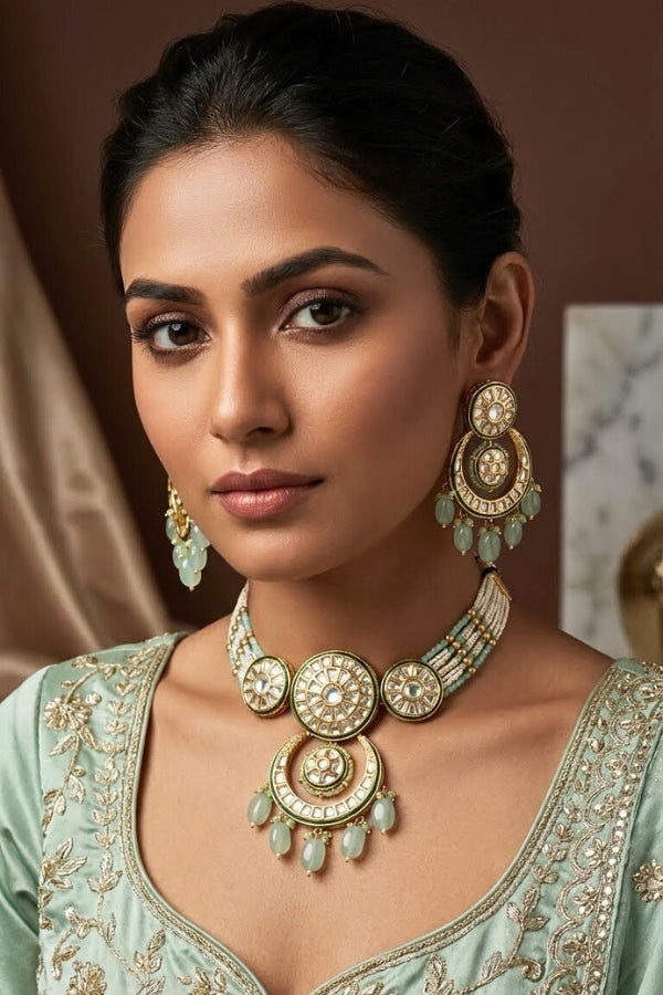 Choker Necklace Kundan With Light Green Beads Large Earrings And Tikka (CKS004LG-Kundan)