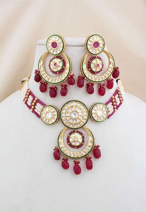 Choker Necklace Kundan With Ruby Beads Large Earrings And Tikka (CKS004RU-Kundan)