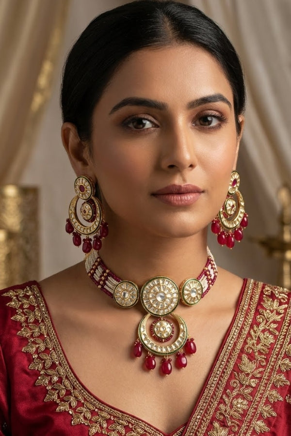 Choker Necklace Kundan With Ruby Beads Large Earrings And Tikka (CKS004RU-Kundan)