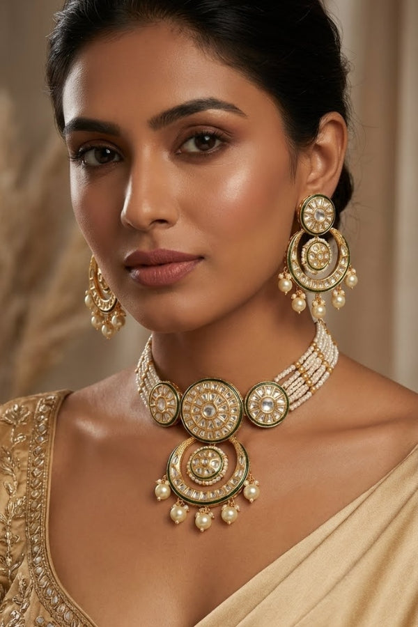 Choker Necklace Kundan With White Beads Large Earrings And Tikka (CKS004W-Kundan)