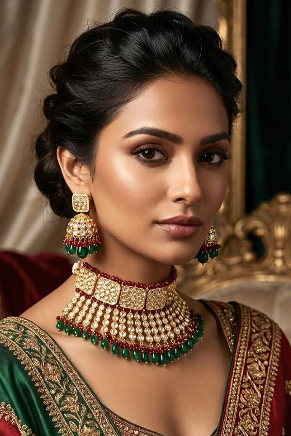 Choker Necklace With Kundan And Matching Earrings(CKS003-Kundan)