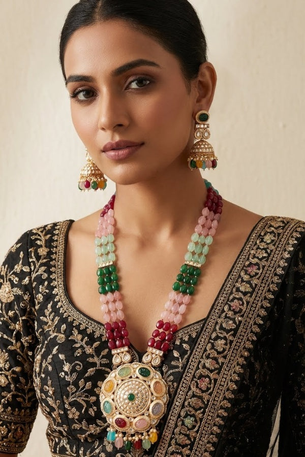 Colorful Long Kundan Necklace Set With A Heavy Pendant And Large Jhumka Earrings (LKN002-Kundan)