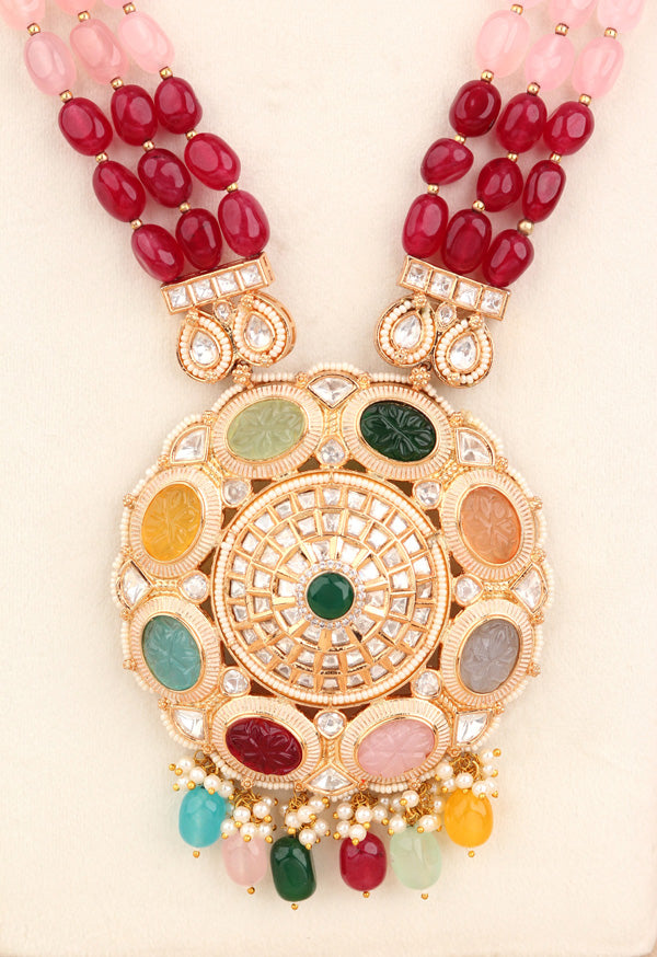 Colorful Long Kundan Necklace Set With A Heavy Pendant And Large Jhumka Earrings (LKN002-Kundan)