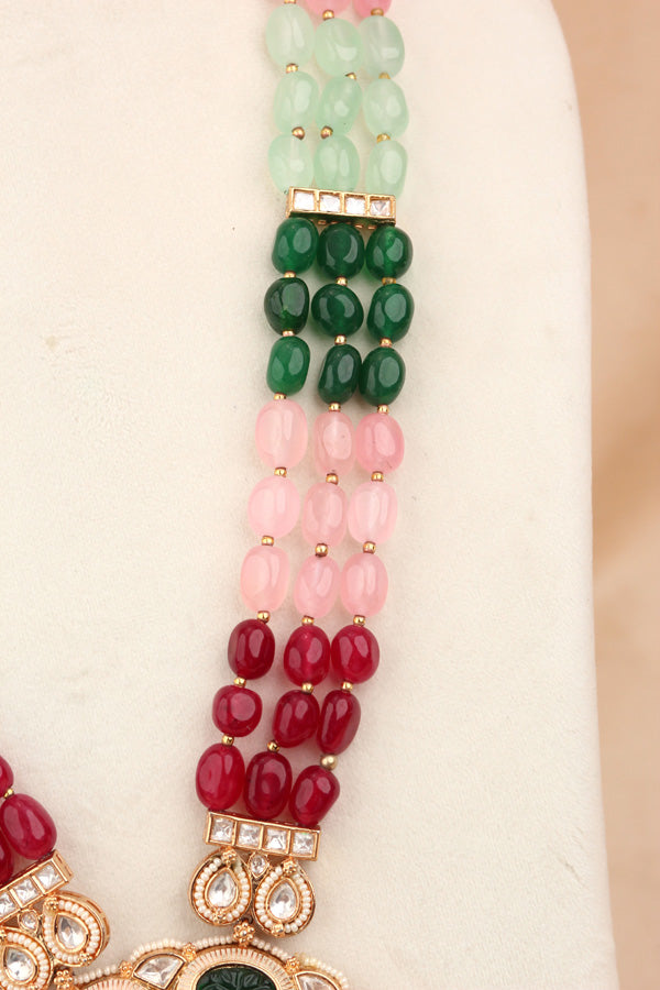 Colorful Long Kundan Necklace Set With A Heavy Pendant And Large Jhumka Earrings (LKN002-Kundan)