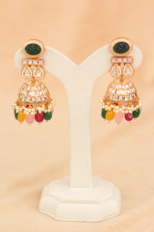 Colorful Long Kundan Necklace Set With A Heavy Pendant And Large Jhumka Earrings (LKN002-Kundan)