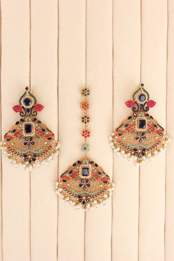 Colourful Pakistani Tikka Set With Blue Colour Center Stone (PKTS002-B)