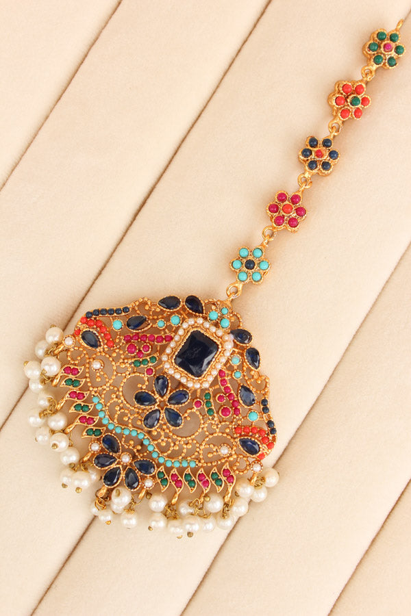 Colourful Pakistani Tikka Set With Blue Colour Center Stone (PKTS002-B)
