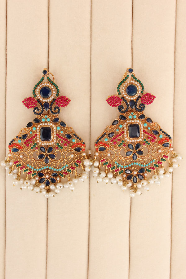 Colourful Pakistani Tikka Set With Blue Colour Center Stone (PKTS002-B)