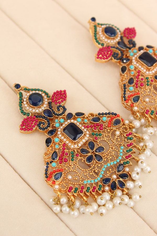 Colourful Pakistani Tikka Set With Blue Colour Center Stone (PKTS002-B)