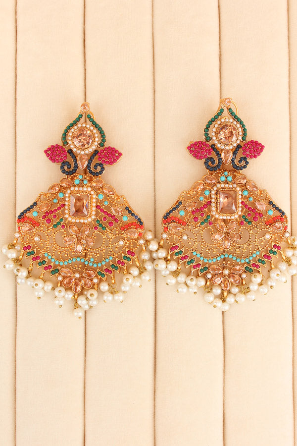 Colourful Pakistani Tikka Set With Gold Colour Center Stone (PKTS002-GO)
