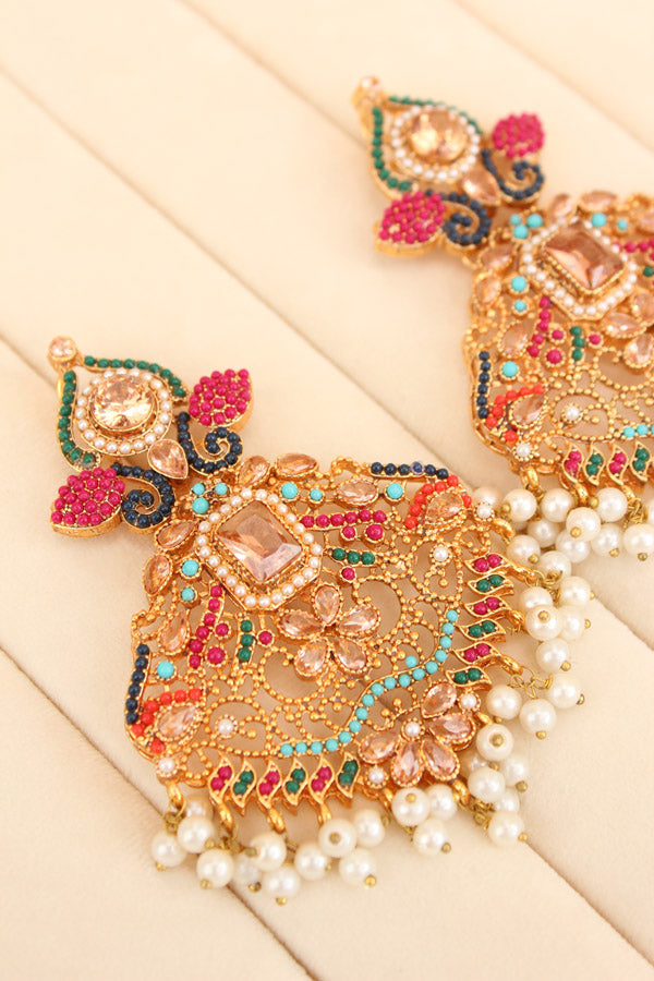 Colourful Pakistani Tikka Set With Gold Colour Center Stone (PKTS002-GO)