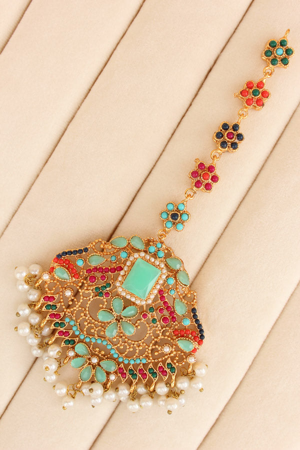 Colourful Pakistani Tikka Set With Mint Green Colour Center Stone (PKTS002-MG)