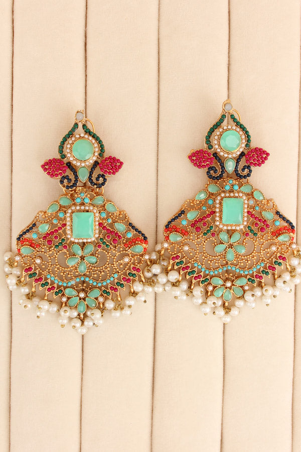 Colourful Pakistani Tikka Set With Mint Green Colour Center Stone (PKTS002-MG)