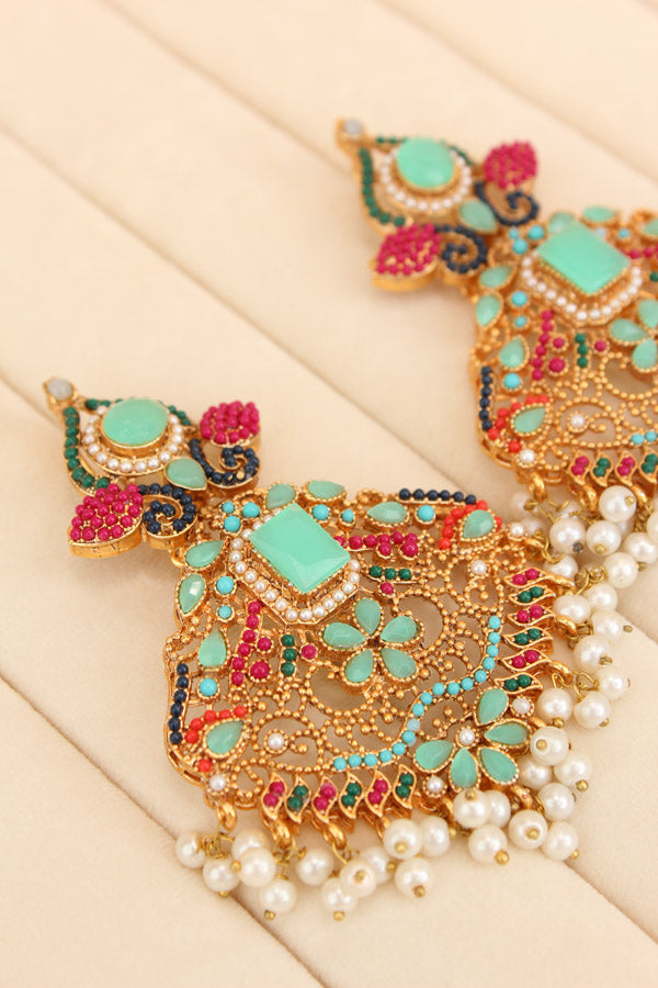 Colourful Pakistani Tikka Set With Mint Green Colour Center Stone (PKTS002-MG)