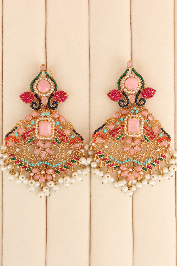 Colourful Pakistani Tikka Set With Pink Colour Center Stone (PKTS002-P)