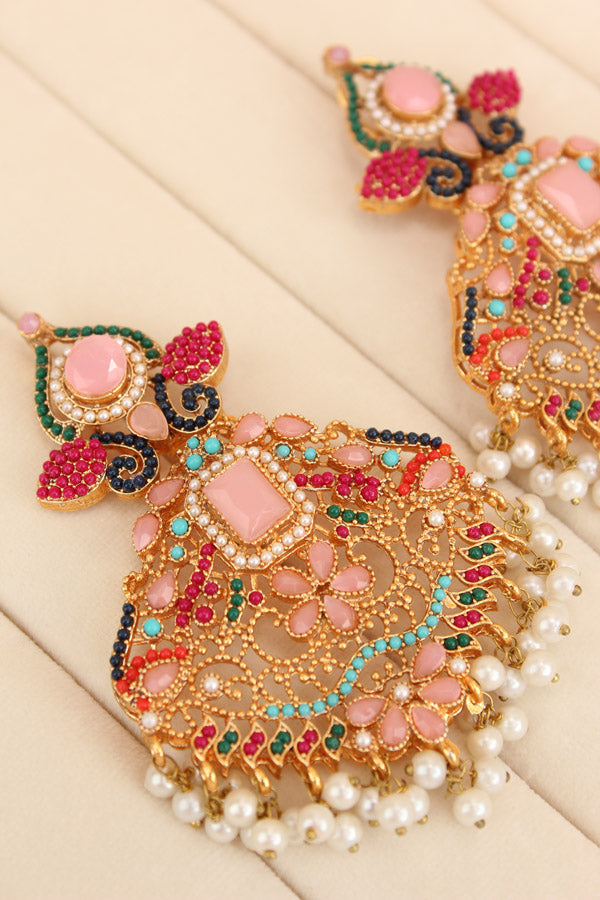 Colourful Pakistani Tikka Set With Pink Colour Center Stone (PKTS002-P)