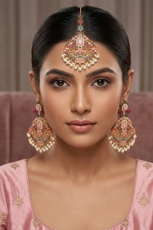 Colourful Pakistani Tikka Set With Pink Colour Center Stone (PKTS002-P)