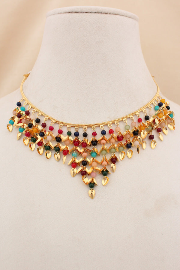 Colourful Punjabi Jadau Necklace Set With Small Earrings  (PJNS004)